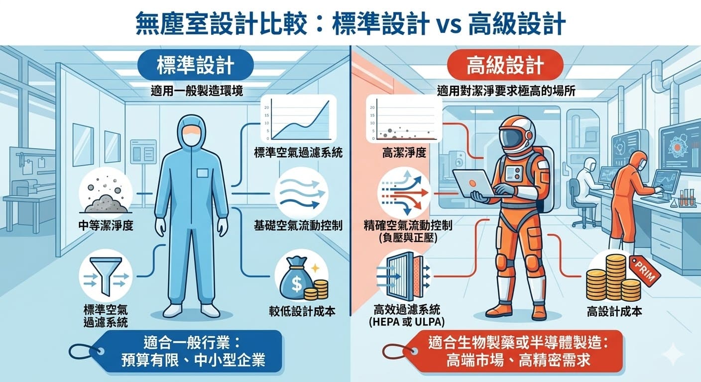 無塵室設計對於高潔淨度要求的行業至關重要。無論是標準設計還是高級設計，都需要根據潔淨度、空氣流動控制與設備配置等多方面因素進行選擇。標準設計適合一般製造環境，而高級設計則為半導體製造、生物製藥等需要極高潔淨度的行業提供支持。選擇適合的無塵室設計方案，有助於提升生產效率並保證產品質量。